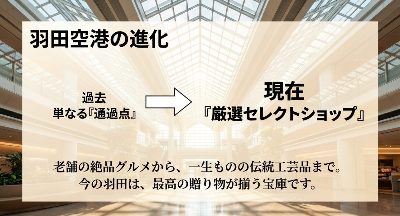羽田空港が単なる通過点から厳選セレクトショップへ進化していることを解説する図解