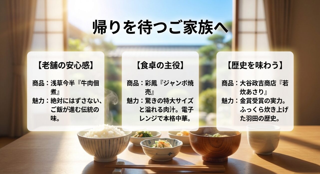 浅草今半の牛肉佃煮、彩鳳のジャンボ焼売、大谷政吉商店の若炊あさりなど家族向けのご飯のお供