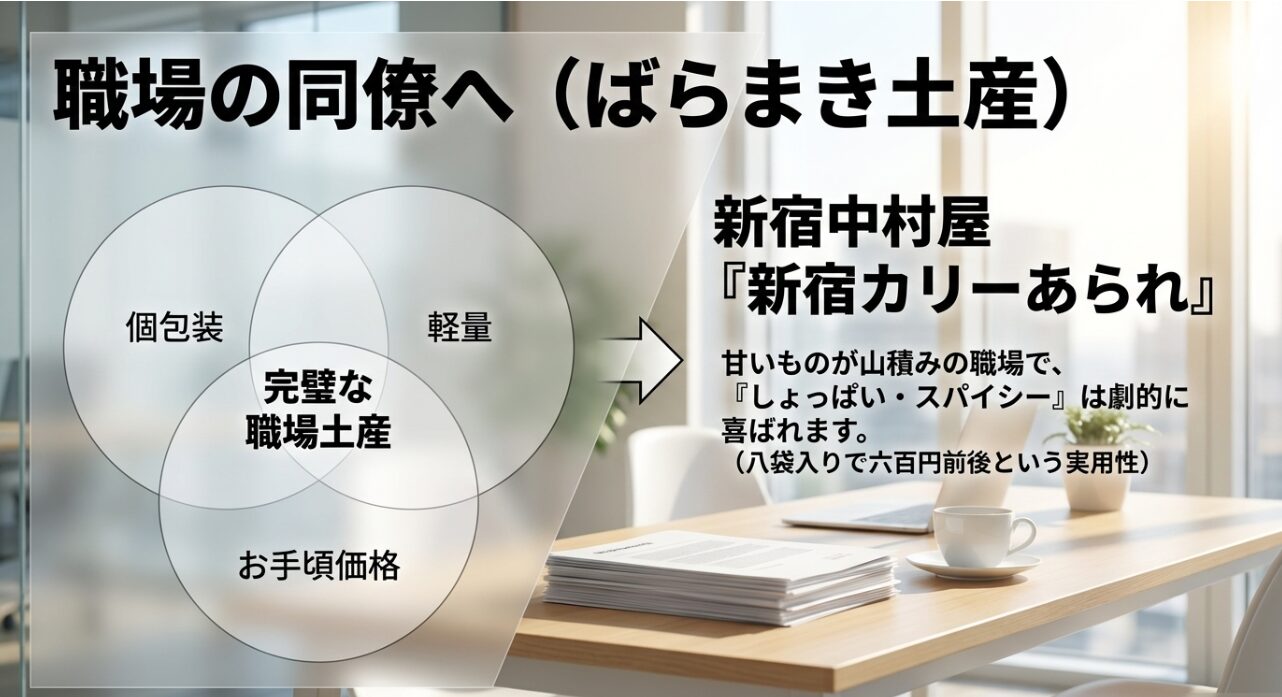 個包装・軽量・お手頃価格を満たす新宿中村屋の新宿カリーあられ