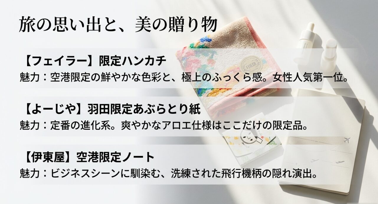 フェイラーの限定ハンカチ、よーじやの限定あぶらとり紙、伊東屋の空港限定ノート