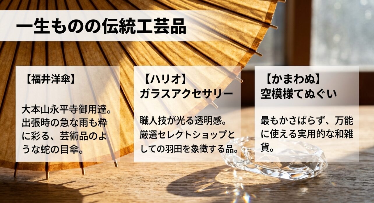 福井洋傘、HARIOのガラスアクセサリー、かまわぬの空模様てぬぐいなどの実用的な和雑貨
