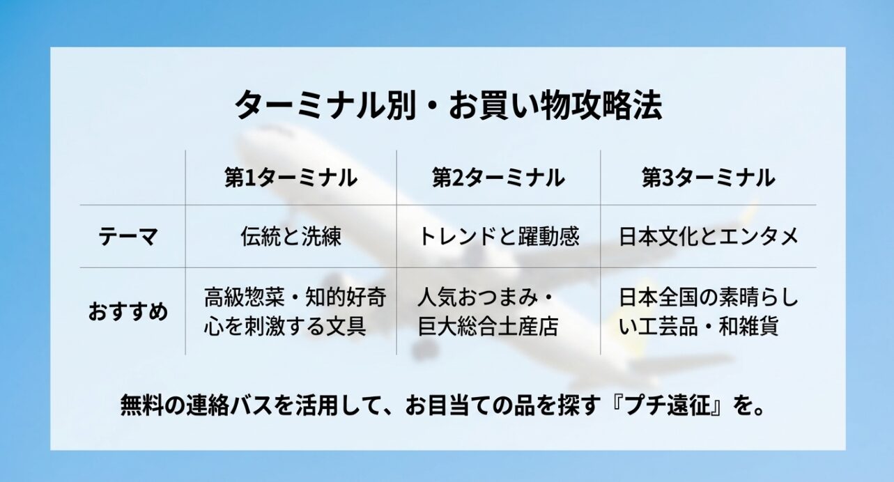 第1ターミナル、第2ターミナル、第3ターミナルのテーマとおすすめをまとめた比較表