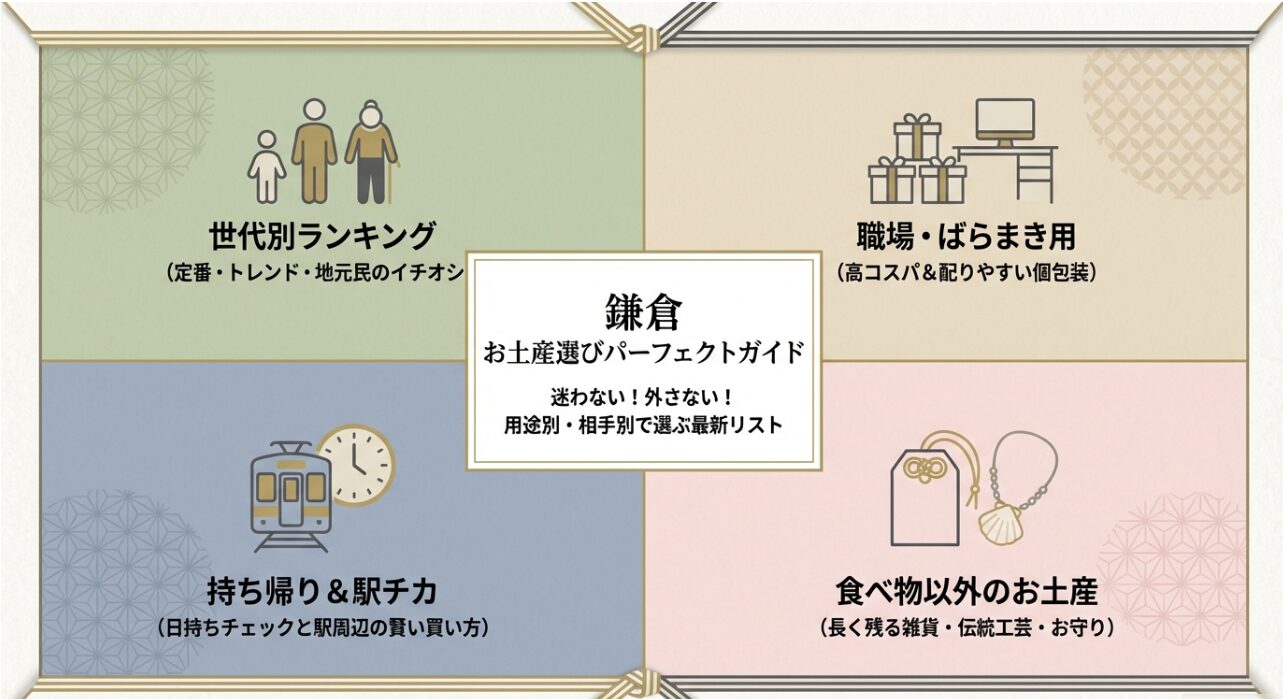 鎌倉のお土産選びパーフェクトガイドの表紙スライド。世代別、用途別、駅チカ、食べ物以外などのテーマをアイコンで紹介 。