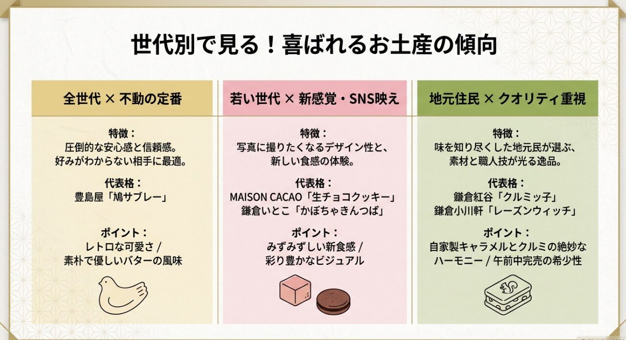 世代別で喜ばれる鎌倉お土産の傾向を示すスライド。全世代向けの鳩サブレー、若者向けの新食感スイーツ、地元民向けのクルミッ子などを解説 。