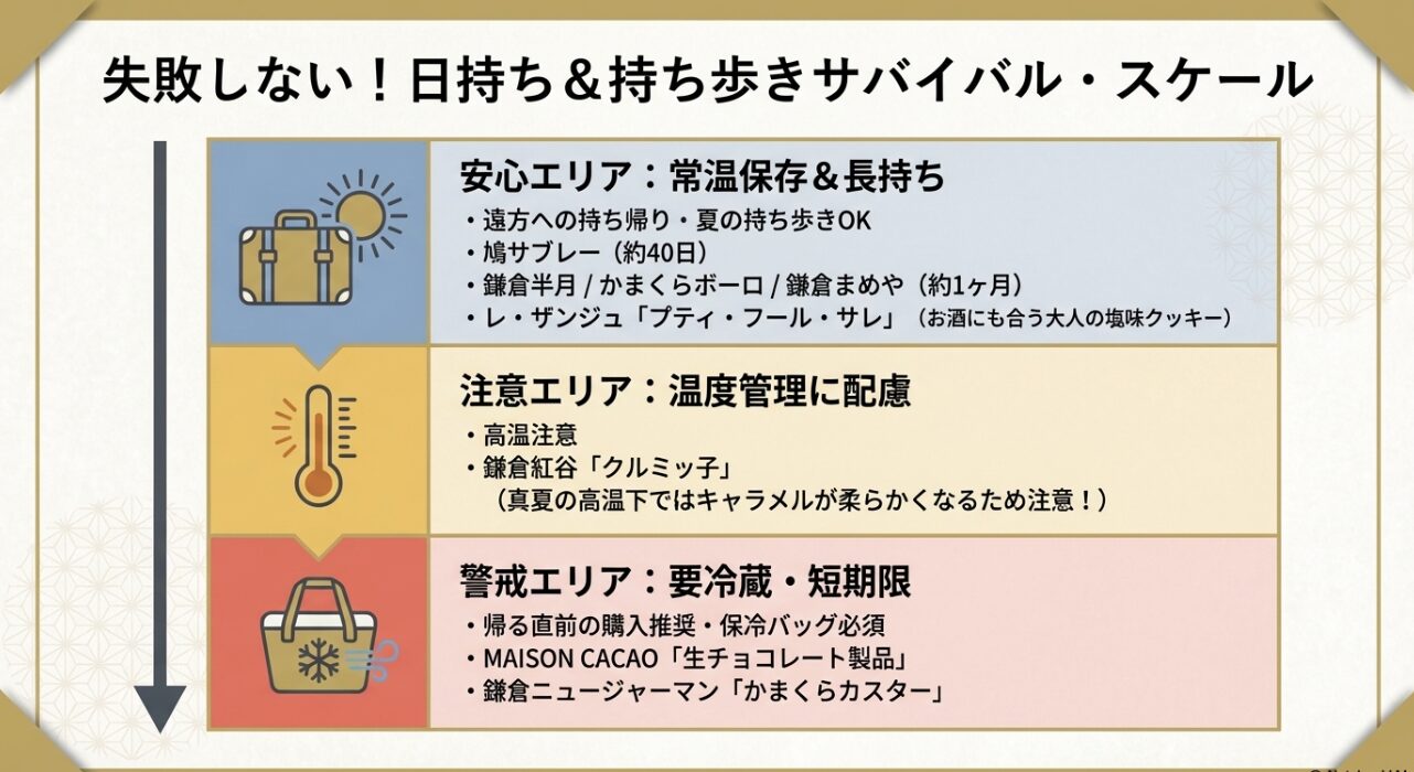 鎌倉土産の日持ちと持ち歩きに関するサバイバルスケール。常温保存可能な安心エリアから要冷蔵の警戒エリアまでを分類 。