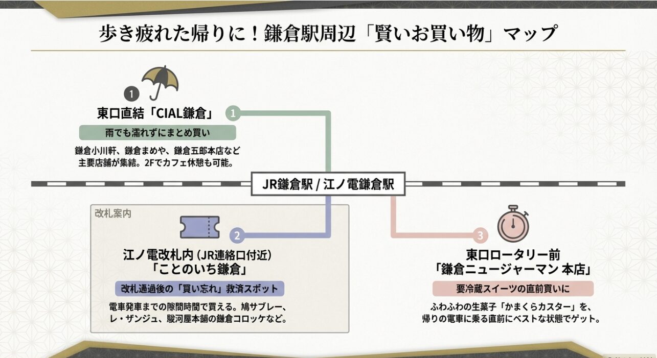 : 鎌倉駅周辺でお土産を効率よく買えるマップ。CIAL鎌倉、ことのいち鎌倉、鎌倉ニュージャーマンなどのスポットを案内 。