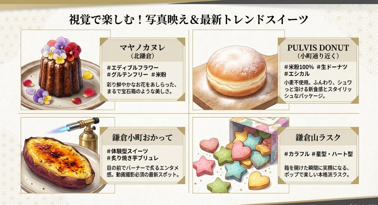 視覚で楽しめる鎌倉のSNS映え最新トレンドスイーツ。マヤノカヌレ、生ドーナツ、炙り焼き芋ブリュレなどの魅力を画像付きで紹介 。