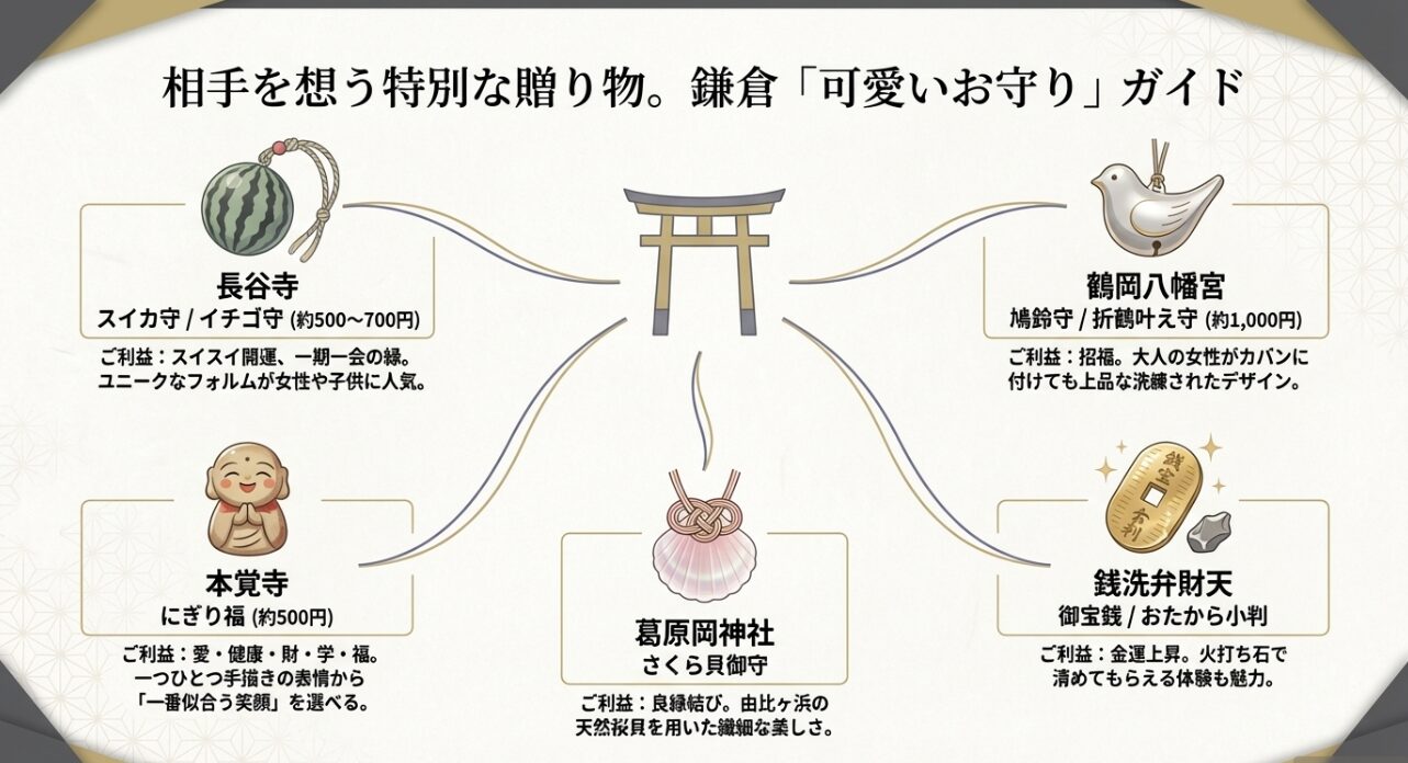 相手を想って贈りたい鎌倉の可愛いお守りガイド。長谷寺、鶴岡八幡宮、本覚寺など、各寺社のご利益と特徴を解説 。