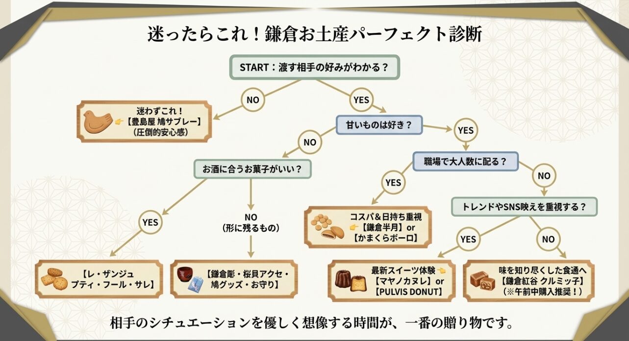 渡す相手の好みに合わせて最適な鎌倉土産が見つかる、フローチャート式のパーフェクト診断表 。