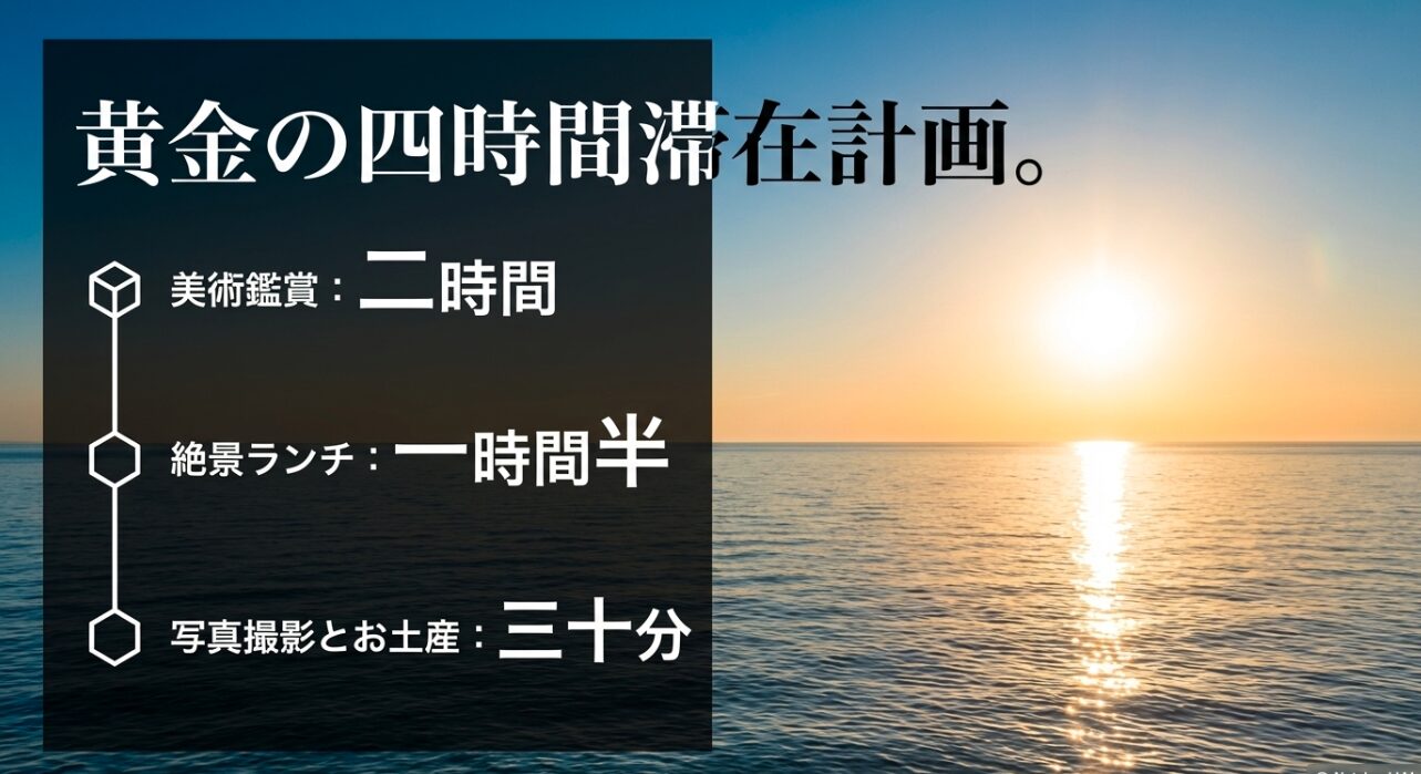 美術鑑賞2時間、絶景ランチ1時間半、写真撮影とお土産30分の黄金の4時間滞在計画