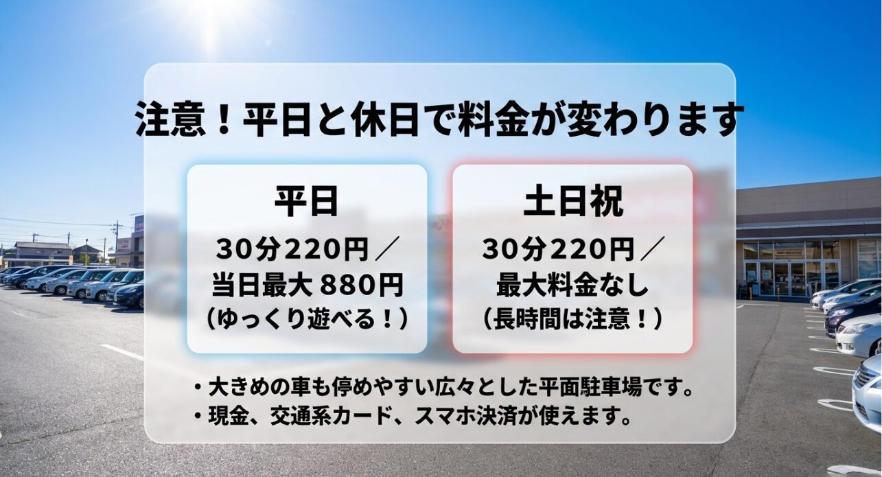 駐車場は平日と休日で料金が変わります 。平日は30分220円で当日最大880円 。土日祝は30分220円で最大料金なし 。