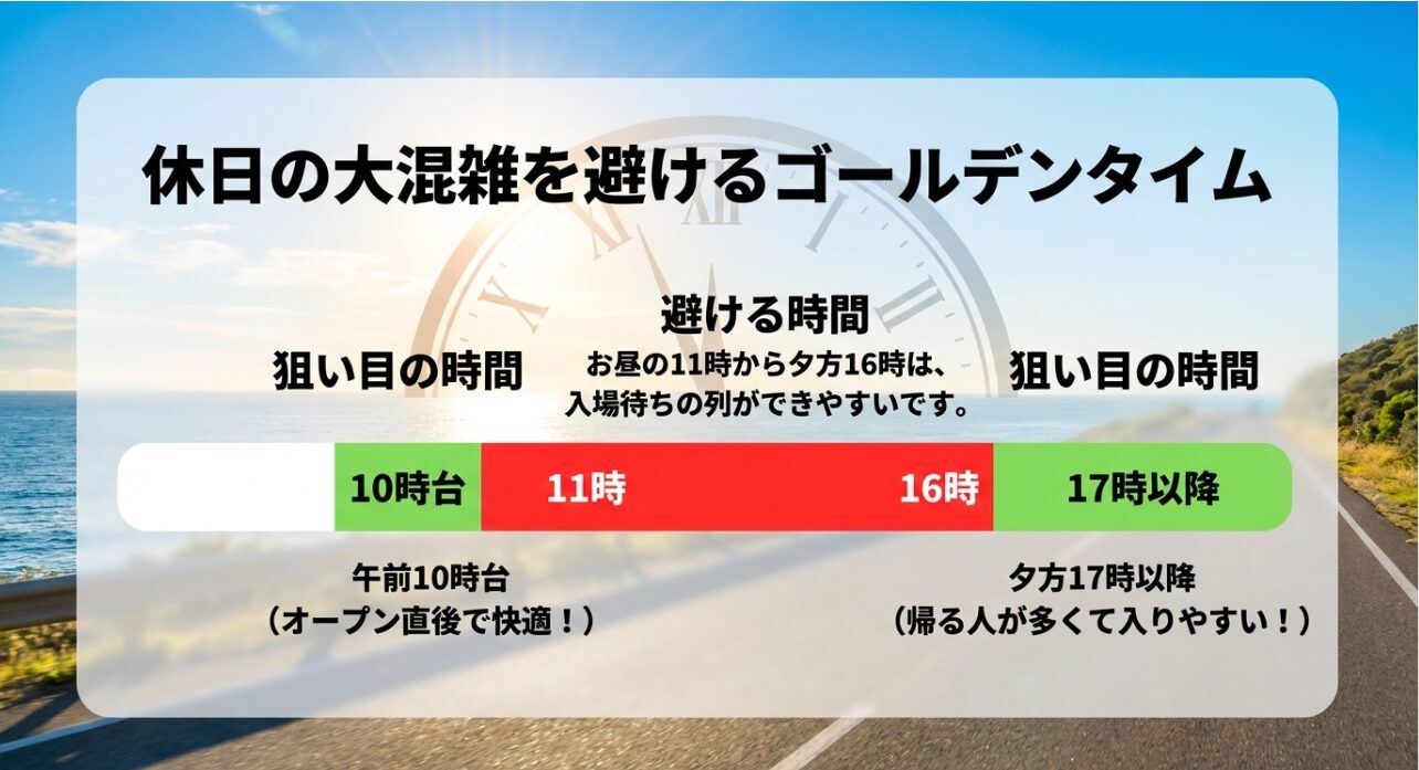 休日の大混雑を避けるゴールデンタイム 。お昼の11時から夕方16時は入場待ちの列ができやすいです 。午前10時台や夕方17時以降が狙い目の時間です