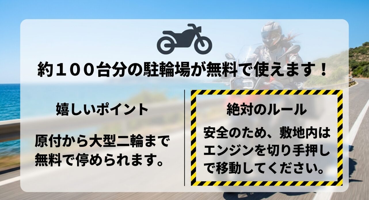 約100台分の駐輪場が原付から大型二輪まで無料で使えます 。安全のため敷地内はエンジンを切り手押しで移動してください 。
