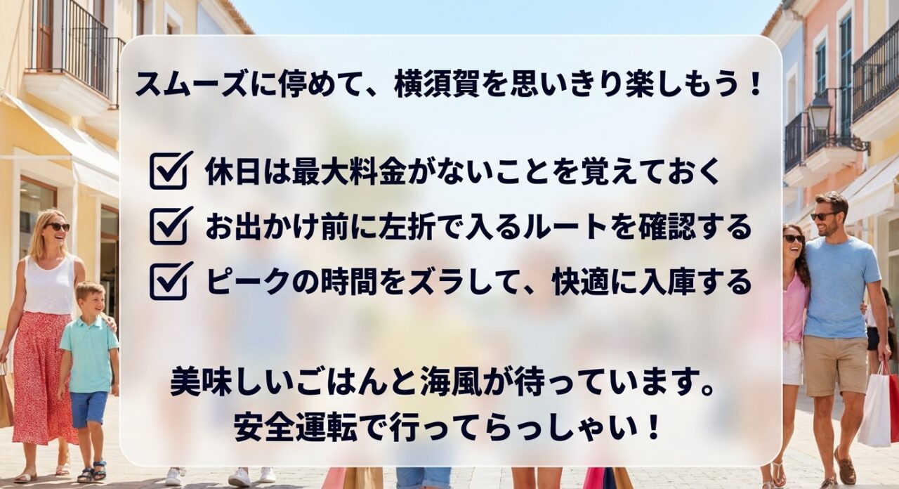 スムーズに停めて横須賀を思いきり楽しもう 。休日は最大料金がないことを覚えておく、左折で入るルートを確認するなどのチェックリスト