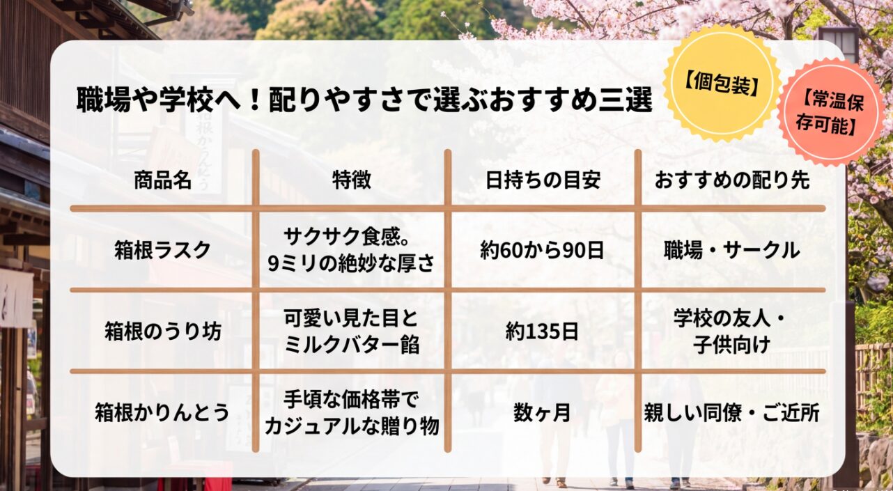 箱根ラスク、箱根のうり坊、箱根かりんとうの特徴、日持ち、おすすめの配り先をまとめた比較表のスライド。