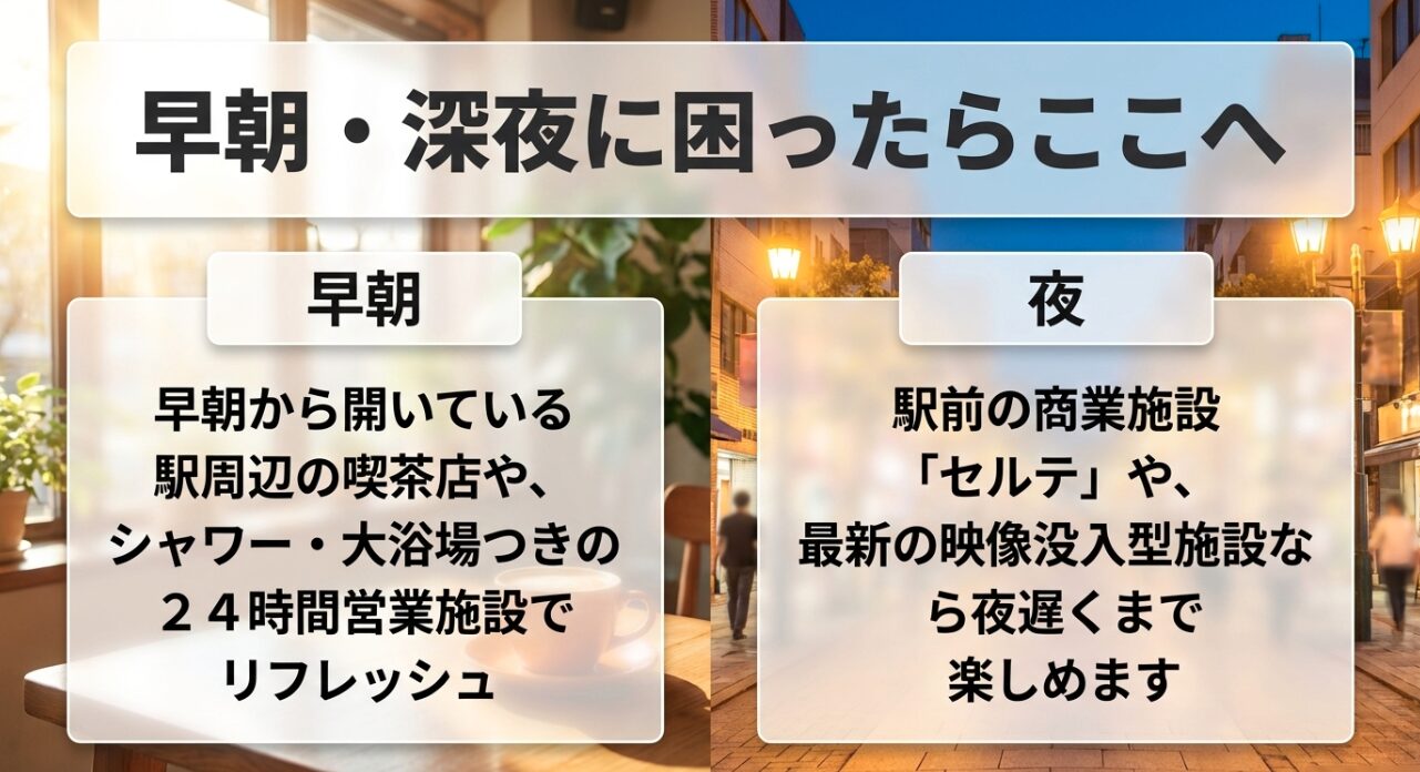 早朝から開いている喫茶店や24時間施設、夜遅くまで楽しめる商業施設や没入型施設の紹介