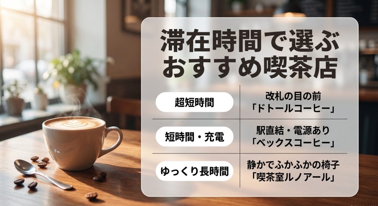 ドトール(超短時間)、ベックス(短時間・充電)、ルノアール(長時間)の目的別カフェ比較表