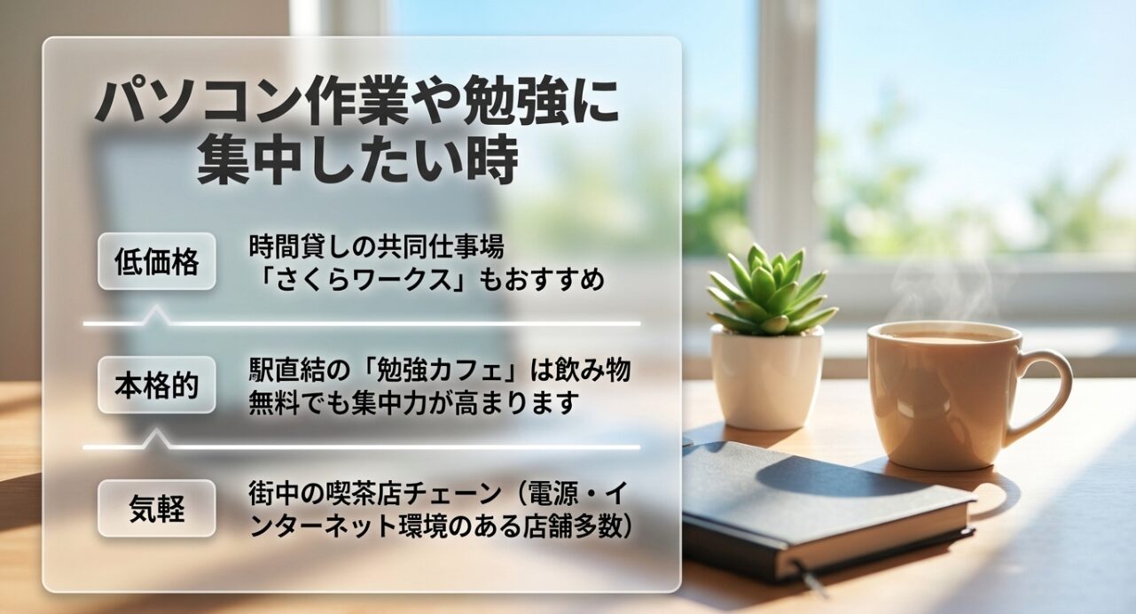 さくらワークス、勉強カフェ、喫茶店チェーンなど、パソコン作業や勉強に集中できる場所の紹介