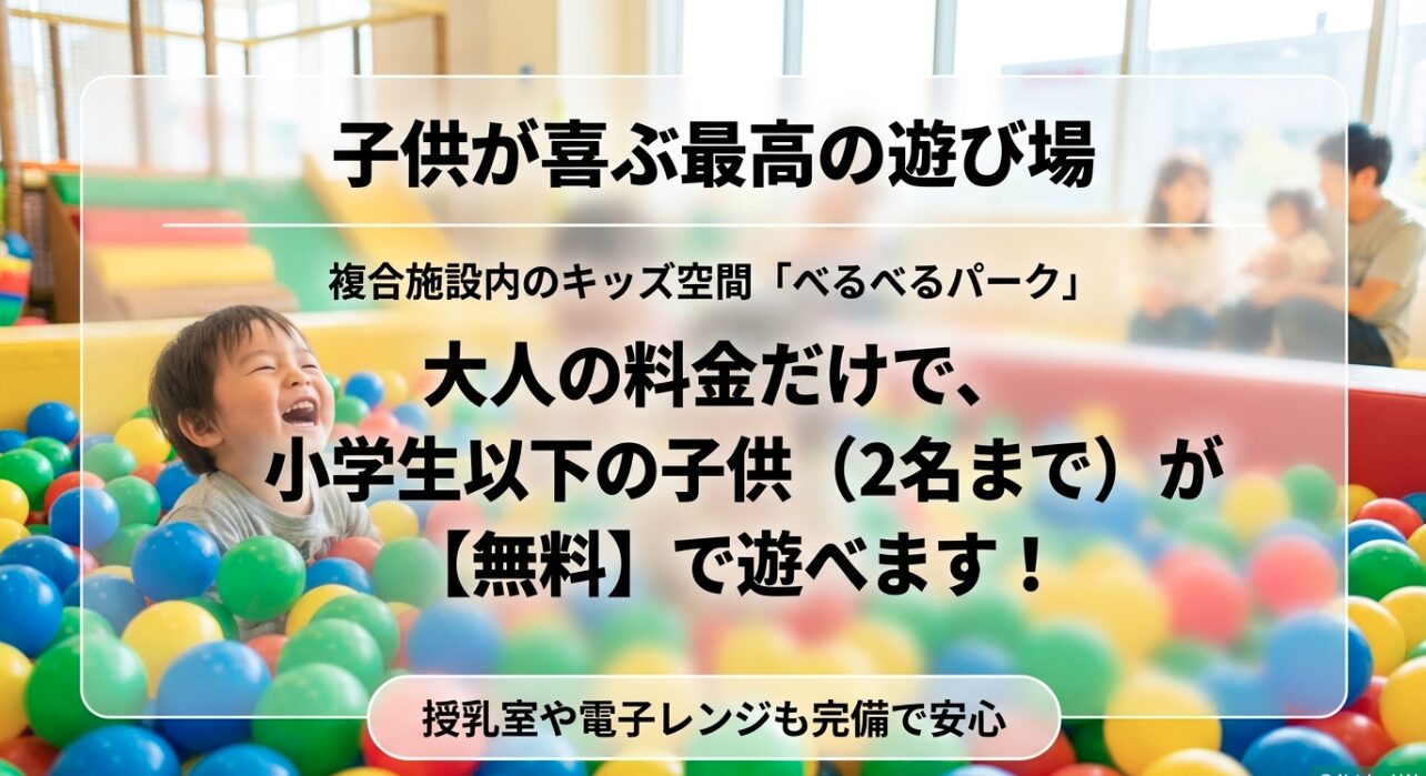 小学生以下無料(大人1名につき2名まで)で遊べる複合施設内のキッズスペースの案内