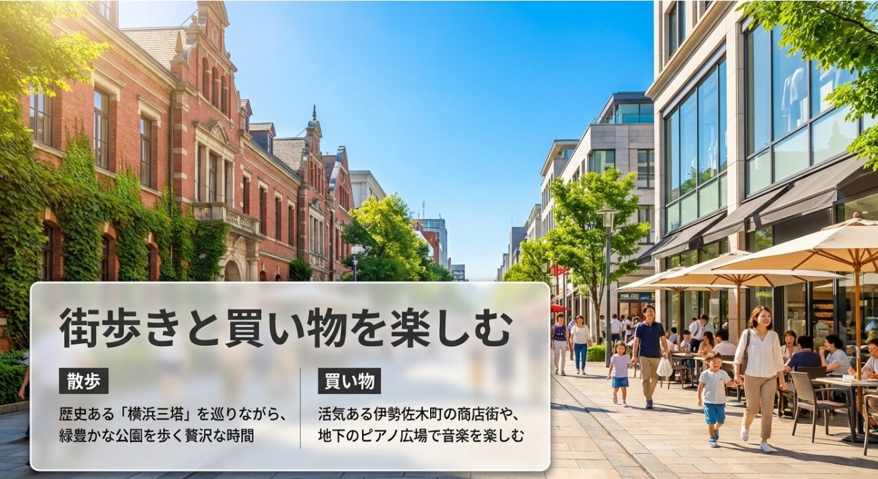横浜三塔を巡る散歩コースや、伊勢佐木町商店街での買い物・ストリートピアノの紹介