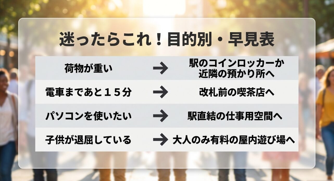 荷物、時間、仕事、子供連れなど、状況に合わせた最適な行動がひと目でわかる早見表