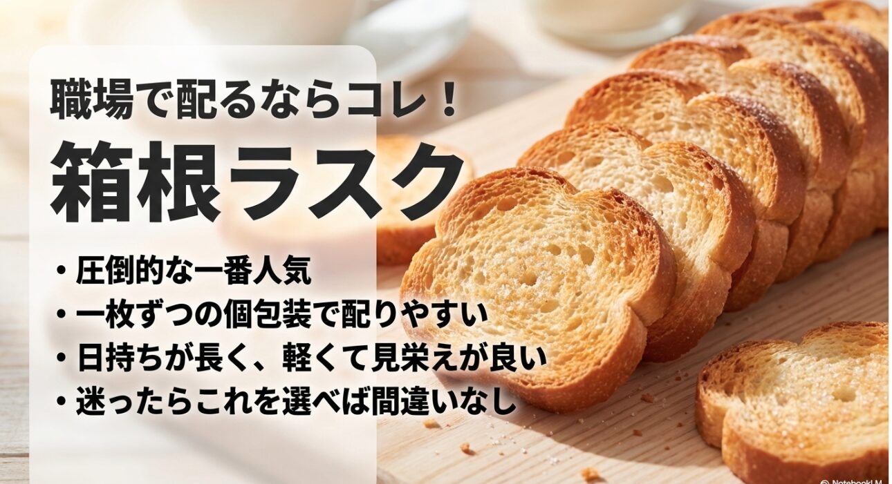 職場で配るなら箱根ラスク。 圧倒的な一番人気で、一枚ずつの個包装で配りやすく、日持ちが長く迷ったらこれを選べば間違いなし
