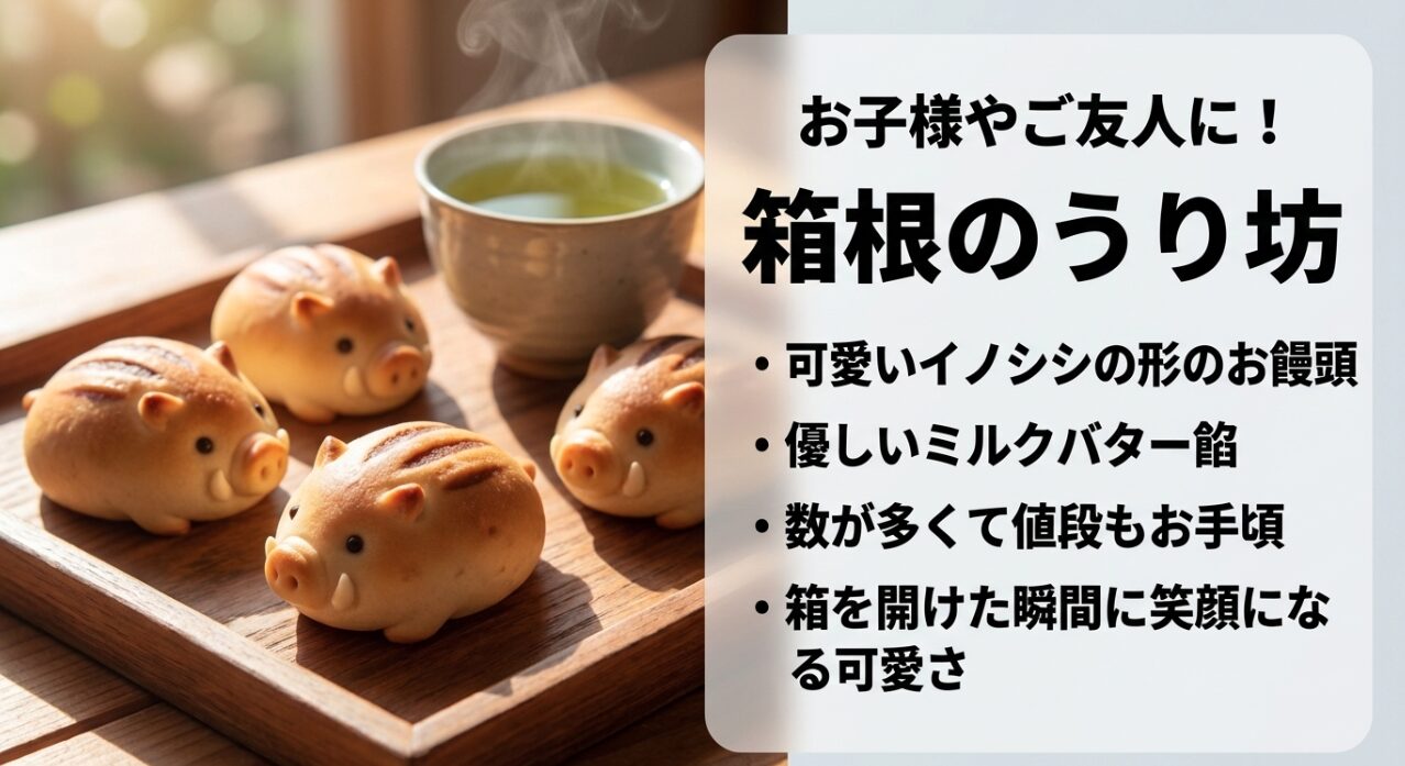 お子様やご友人に人気の箱根のうり坊。 可愛いイノシシの形で優しいミルクバター餡が入っており、数が多くて値段もお手頃 