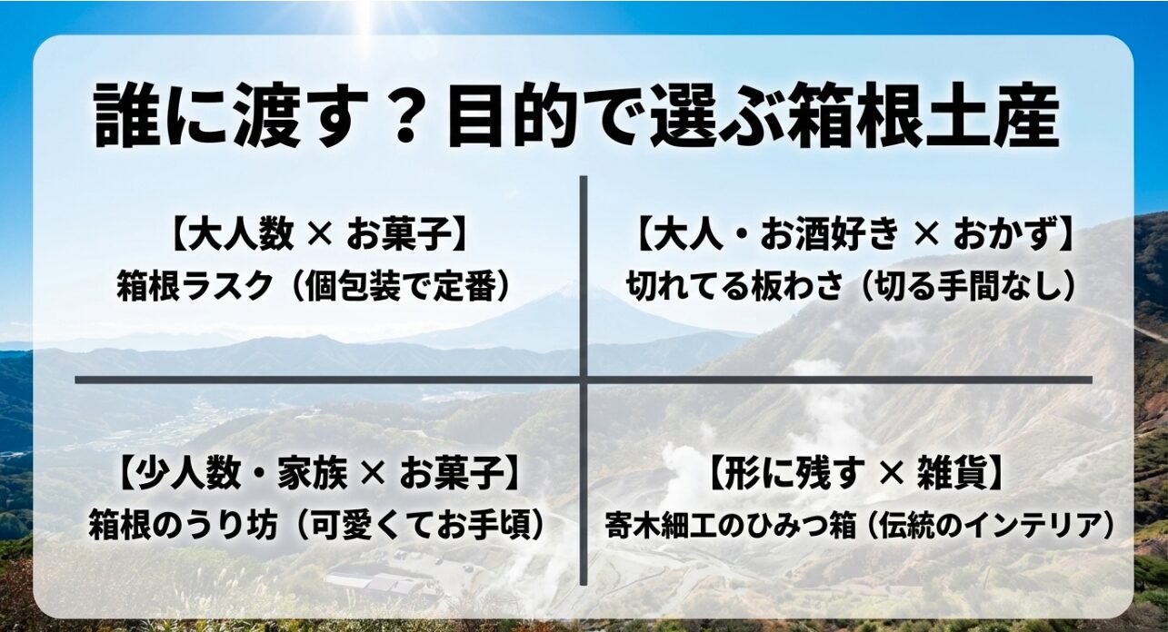 誰に渡すか目的で選ぶ箱根土産のマトリクス表。 大人数や少人数、お菓子やおかず、雑貨など渡す相手に合わせたおすすめ一覧 
