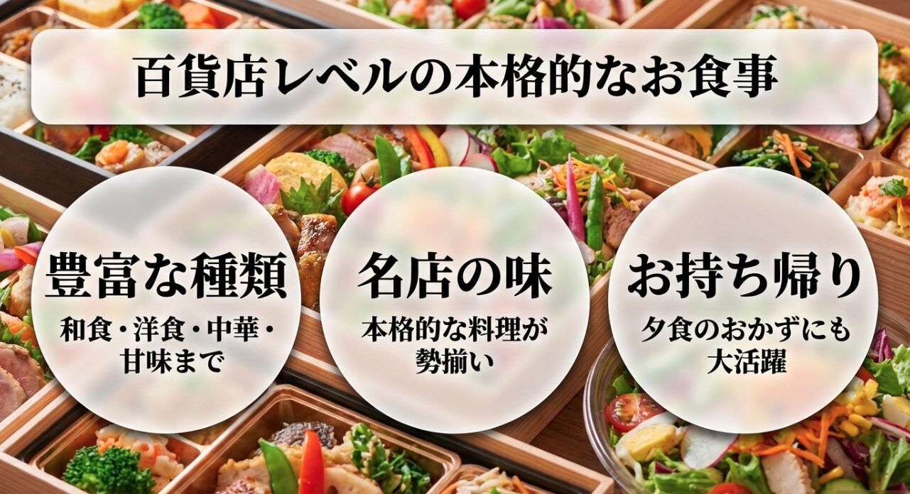 百貨店レベルの本格的なお食事。和食・洋食・中華・甘味まで豊富な種類が揃い、名店の味が楽しめます。夕食のおかずにも大活躍なお持ち帰りも充実。
