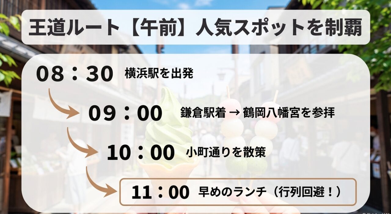 鎌倉日帰り王道ルート【午前】のスケジュール。8時30分に横浜を出発し、鶴岡八幡宮、小町通り、11時の早めランチまでの流れ。