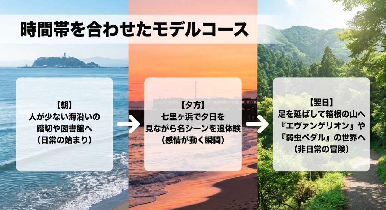 朝・夕方・翌日の時間帯に合わせた鎌倉から箱根への聖地巡礼モデルコース