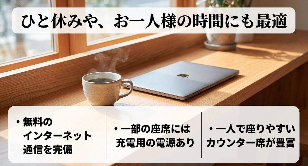 ひと休みや、お一人様の時間にも最適。無料のインターネット通信（Wi-Fi）完備、一部の座席には充電用の電源（コンセント）あり、一人で座りやすいカウンター席が豊富。