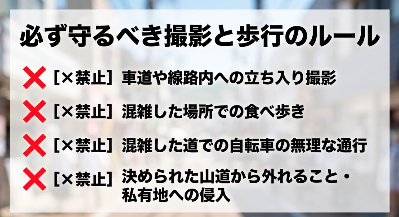 車道や線路内への立ち入り、食べ歩きなど必ず守るべき撮影と歩行のルール
