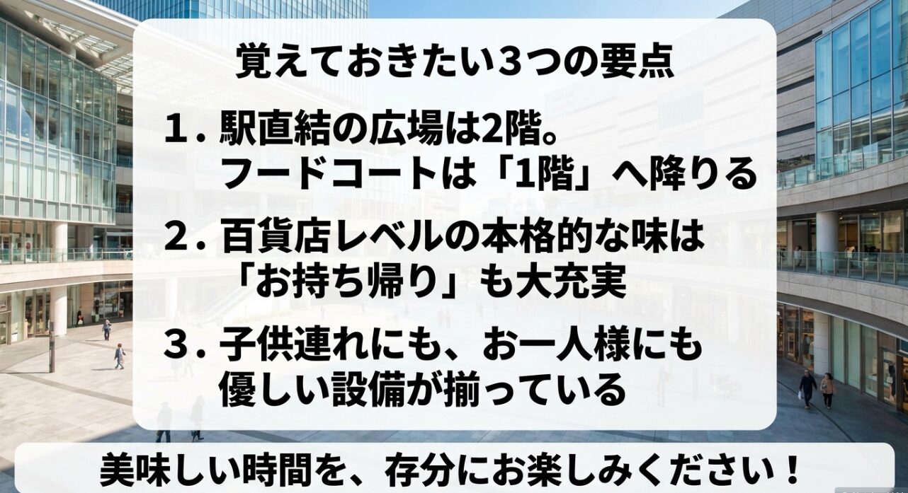 覚えておきたい3つの要点。1. 駅直結の広場は2階なのでフードコートは1階へ降りる。2. 百貨店レベルの本格的な味はお持ち帰りも大充実。3. 子供連れにもお一人様にも優しい設備が揃っている。