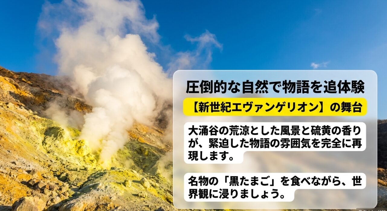 新世紀エヴァンゲリオンの舞台である箱根・大涌谷。荒涼とした風景と硫黄の香りで緊迫した物語を追体験し、名物の黒たまごを楽しめる。