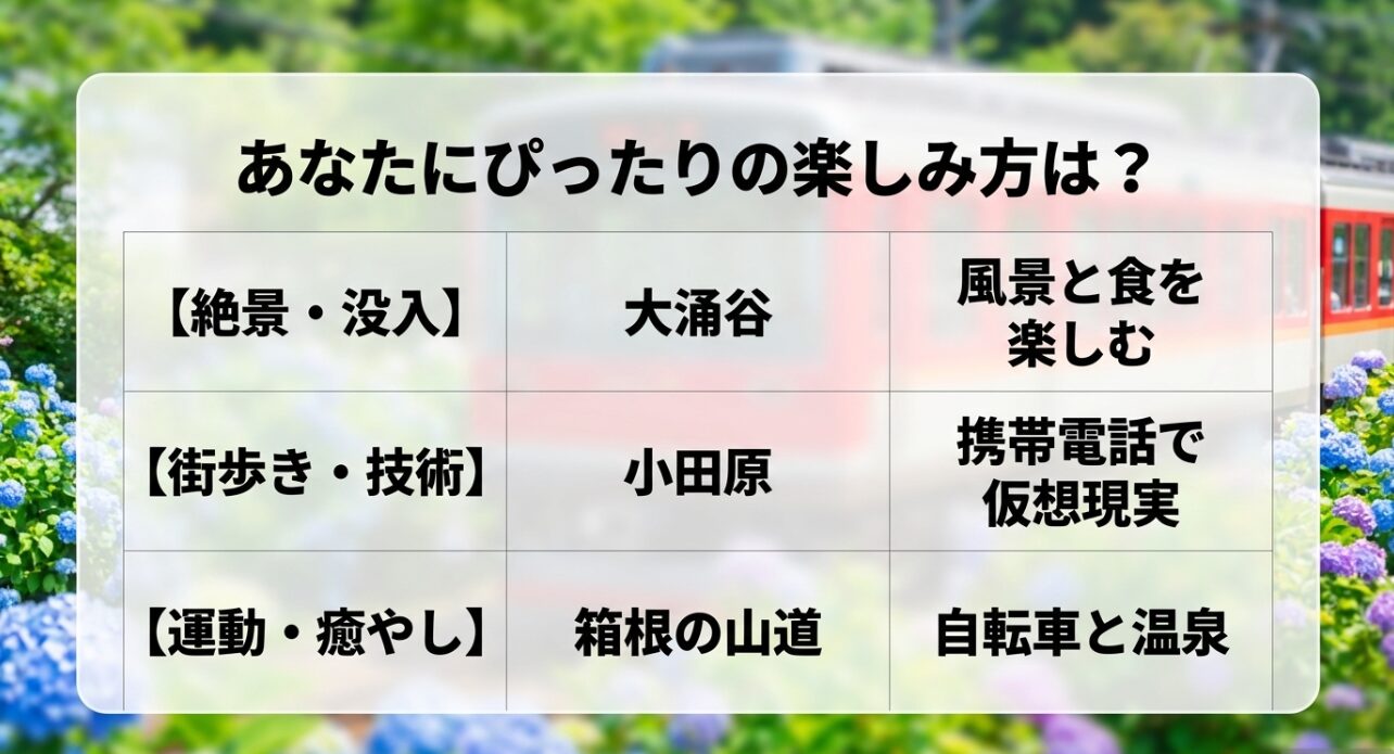 アニメ聖地巡礼の楽しみ方一覧表。大涌谷での絶景・没入、小田原での街歩き・技術、箱根の山道での運動・癒やしなど、好みに合わせたスタイルを提案。
