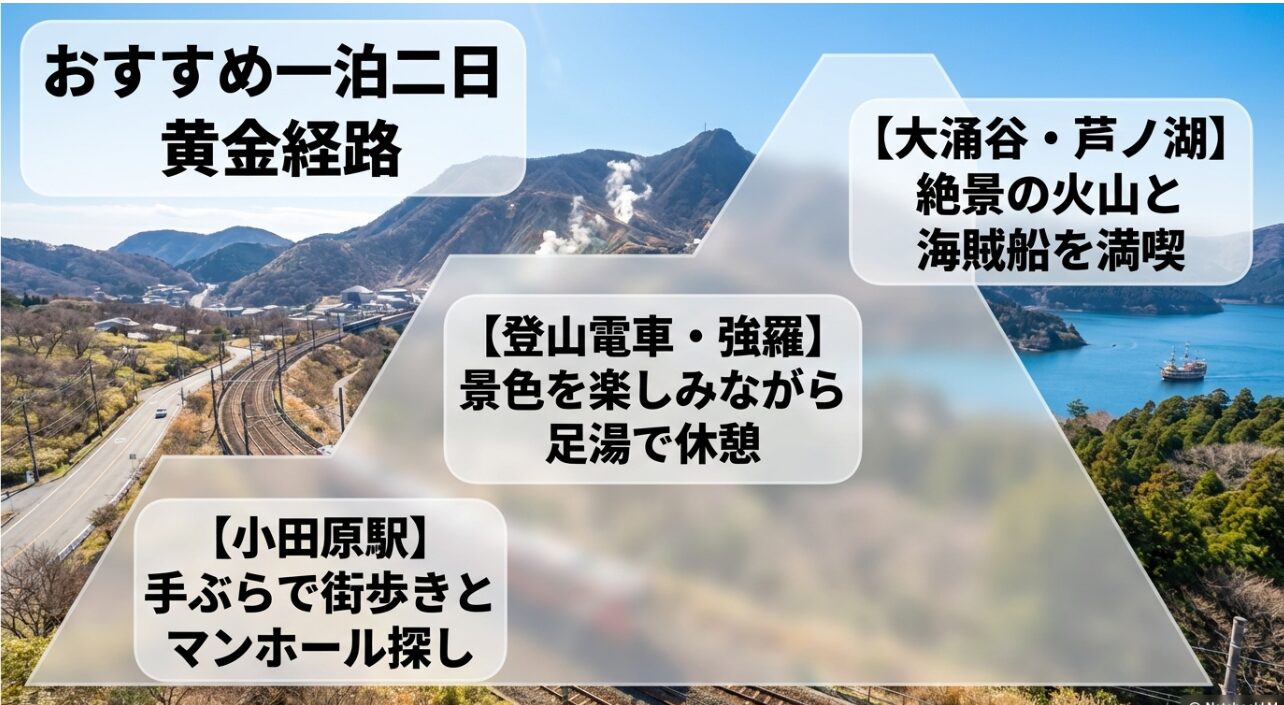 箱根と小田原のおすすめ一泊二日モデルコース。小田原駅での街歩き、登山電車・強羅での足湯休憩、大涌谷・芦ノ湖での絶景と海賊船を満喫する黄金経路。