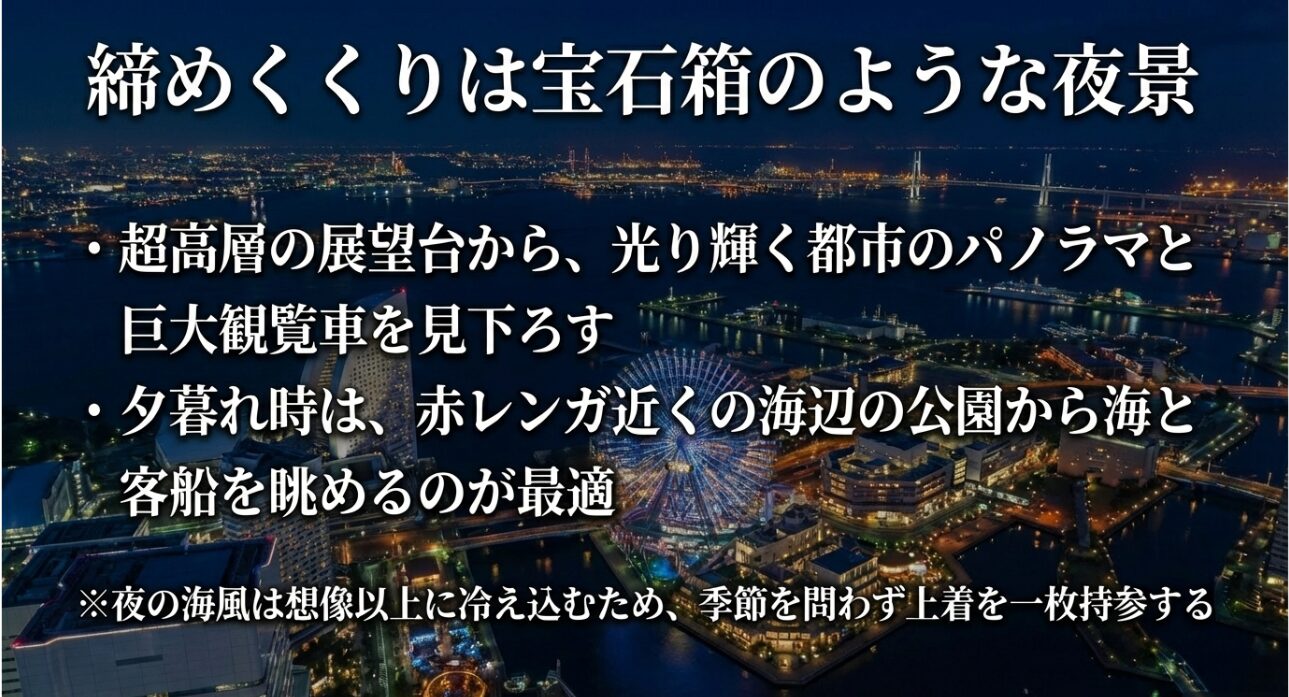 横浜ランドマークタワーや海辺の公園から楽しむ宝石箱のような夜景