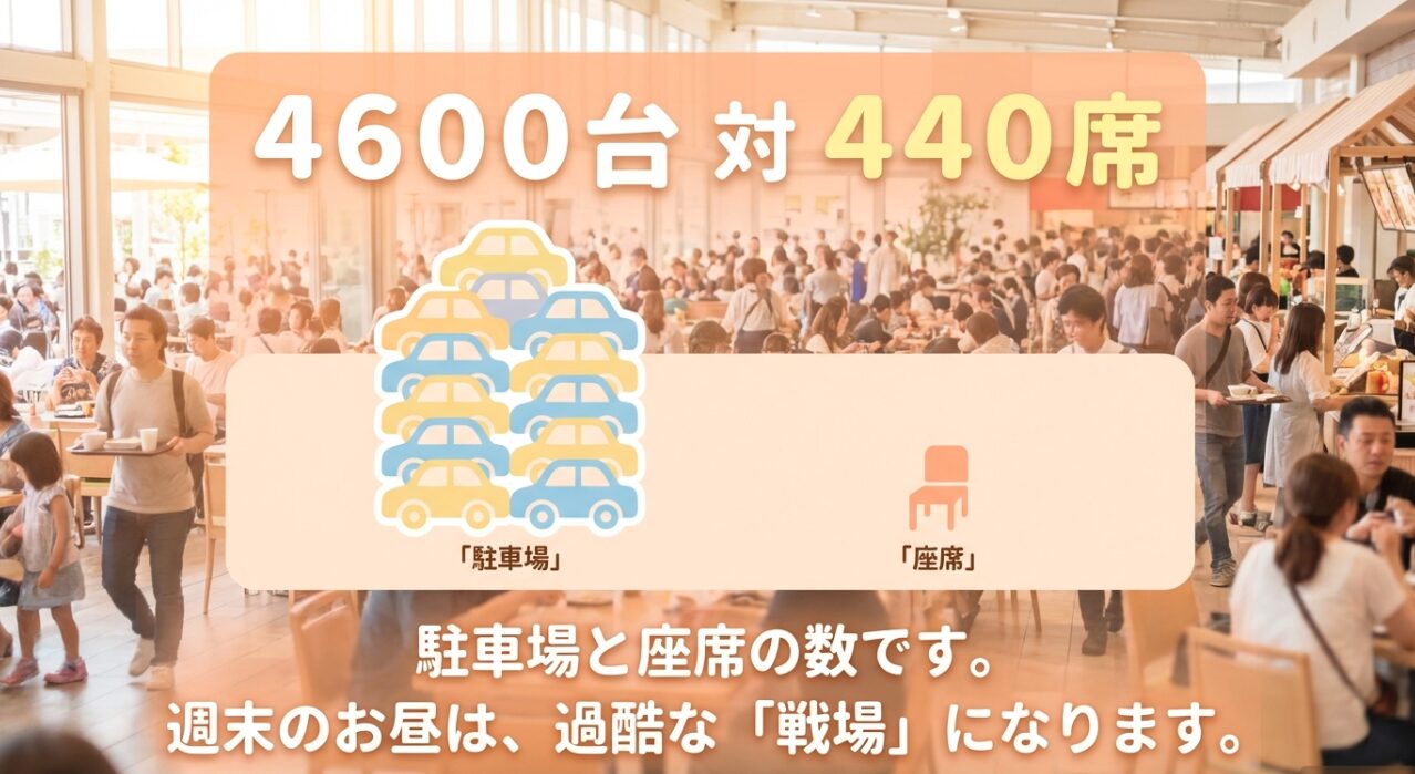 ららぽーと横浜の駐車場4600台に対するフードコート座席数440席の比較 ・画像タイトル:週末のお昼が戦場になる理由