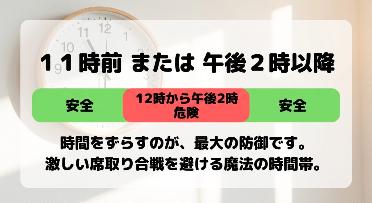 フードコートの混雑を避けるための11時前または14時以降のオフピーク利用推奨 ・画像タイトル:混雑回避の魔法の時間帯