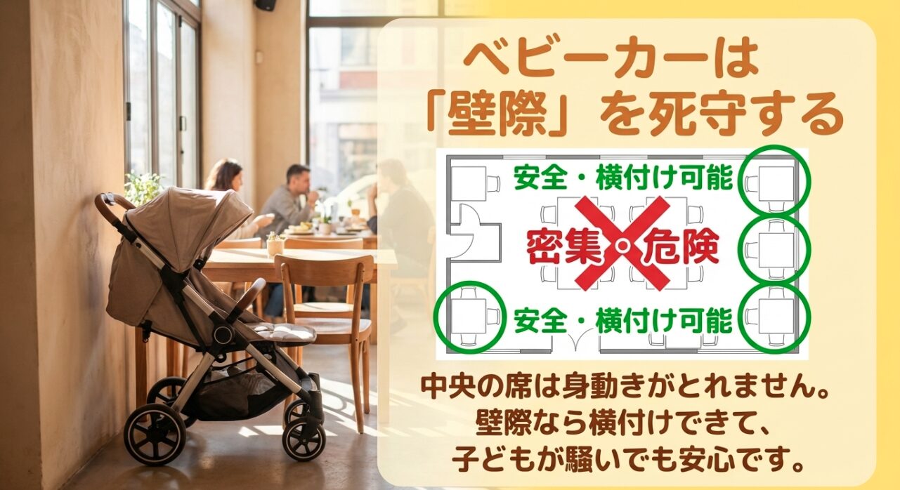 :ベビーカー利用の子供連れは安全で横付け可能な壁際席の確保がおすすめ