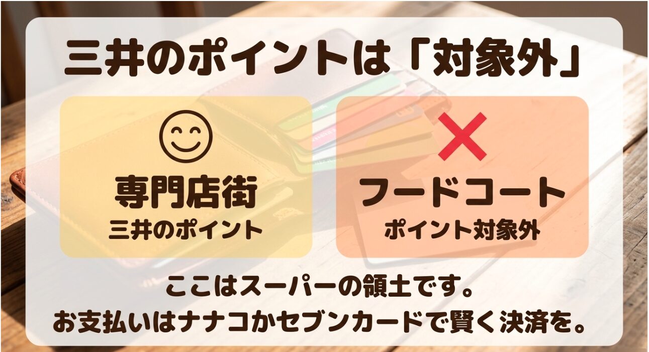 イトーヨーカドー内フードコートは三井ショッピングパークポイント付与対象外 ・画像タイトル:三井のポイントは使えないので注意