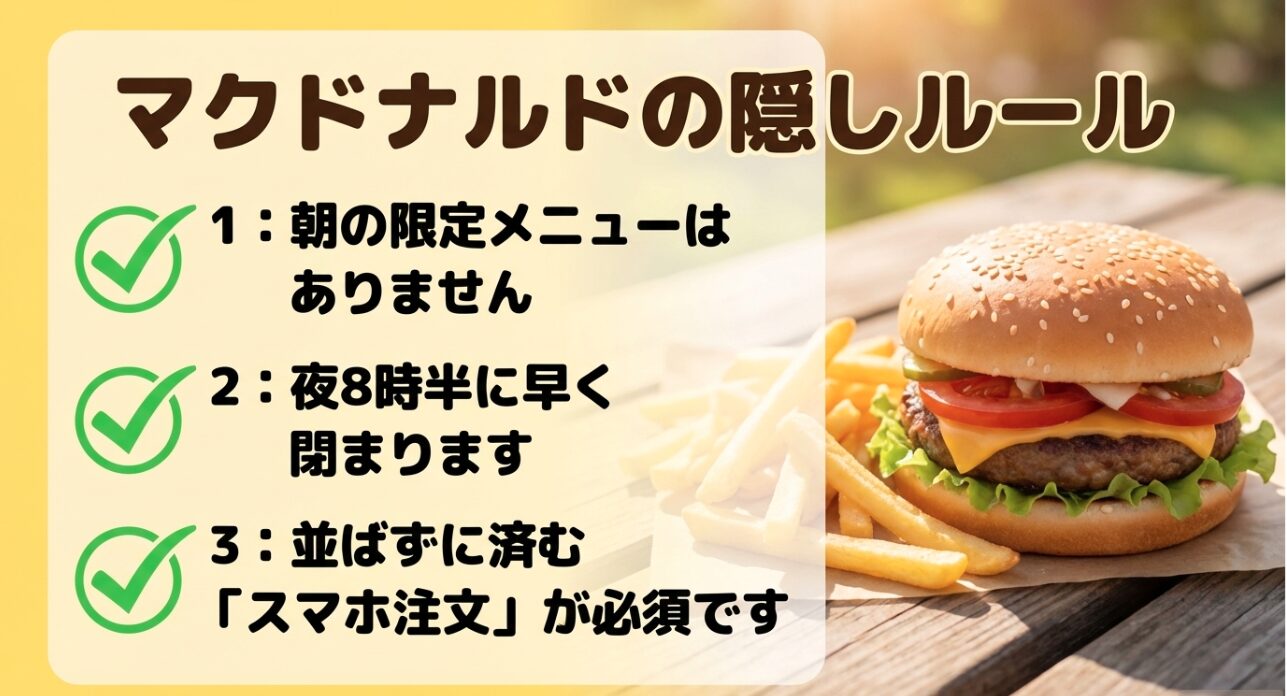 ららぽーと横浜フードコート内マクドナルドの営業時間と朝マック・スマホ注文の独自ルール ・画像タイトル:マクドナルド利用時の3つの注意点