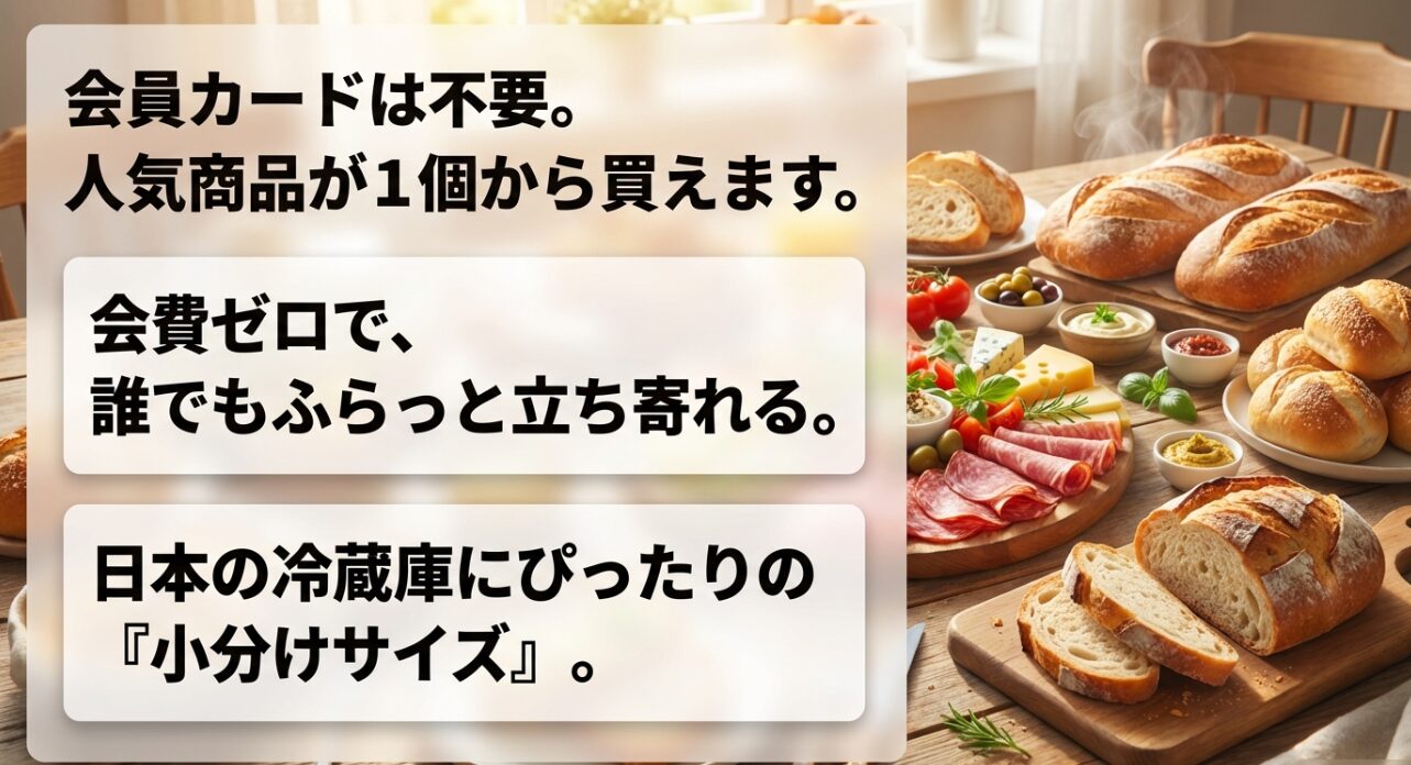 コストコ再販店を利用する最大のメリットである、会員登録と年会費が一切不要な点をまとめたスライド。本家コストコの年会費約5,000円を払わずに1個から購入できる手軽さや、遠方の倉庫店へ行くガソリン代・移動時間を節約できるトータルでのコスパの良さを比較・説明しています