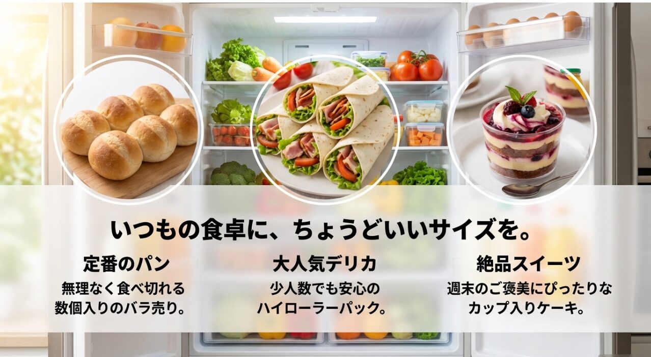 日本の少人数世帯の増加に合わせ、コストコの大容量商品を小分け・バラ売りで提供する戦略を解説したスライド。定番のディナーロールやマフィンを数個単位で購入できるため、食品ロスを防ぎ、家庭用冷蔵庫の収納スペースを圧迫せずに美味しく食べ切れるメリットを視覚的に伝えています。