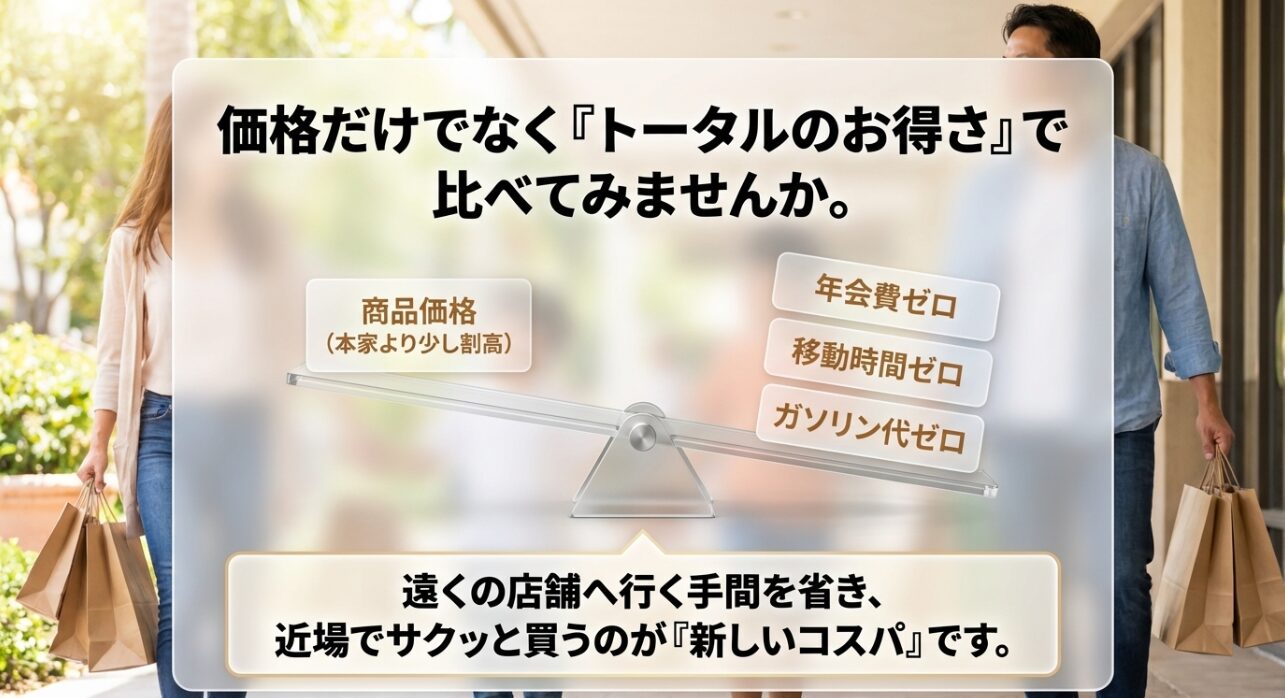 コストコ再販店の商品価格が本家の倉庫店よりも少し割高に設定されている理由と、それでも結果的にお得になる仕組みを図解したスライドです。年間約五千円の会費がゼロになるだけでなく、遠方の店舗へ向かうための移動時間や往復のガソリン代といった隠れたコストを大幅にカットできるため、タイパも含めた新しいコスパを実現します。