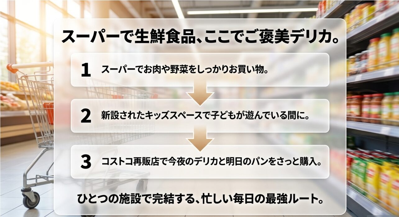 ららぽーと海老名という大型商業施設ならではの、ファミリー層に向けた最強の買い回りルートを提案するスライドです。同じ階のスーパーで生鮮食品を買い、新設されたキッズスペースで子どもが楽しく遊んでいるすきに、コストコ再販店で今夜の美味しいご褒美デリカや明日の朝食用のパンをサッと購入できる効率的な流れを解説しています。