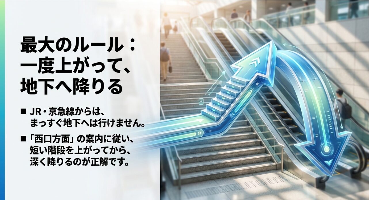 R横浜駅から西口方面へ向かう際、一度階段を上がってから地下へ降りるルートを示す案内スライド。