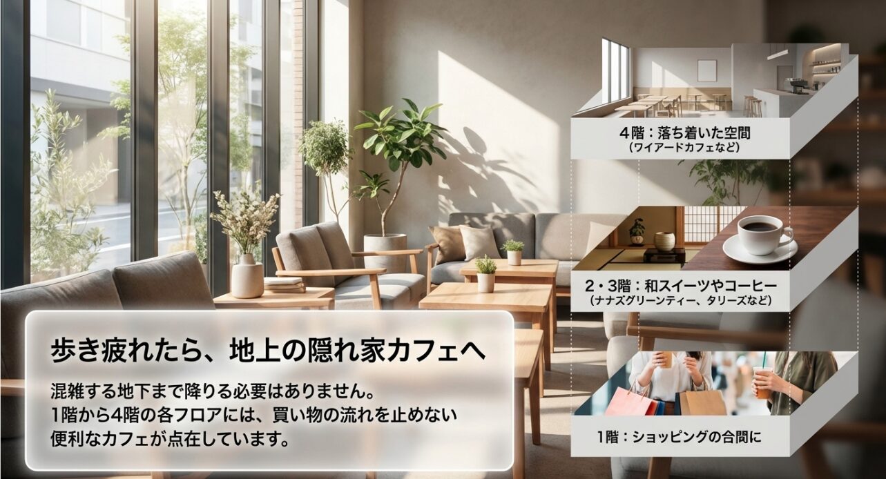 混雑する地下へ行かずに、1階から4階の各フロアで休憩できるカフェの案内スライド。