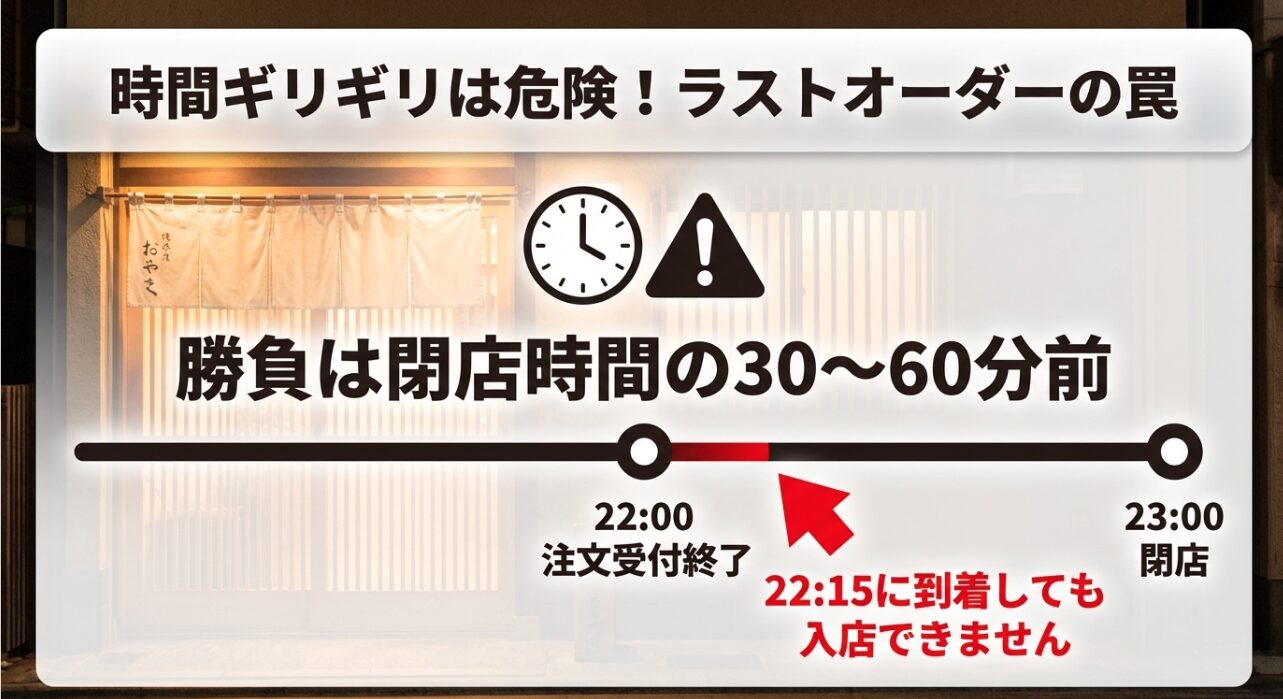 閉店時間の30分〜60分前に注文が終了し、それ以降は入店できないことを示す警告スライド。